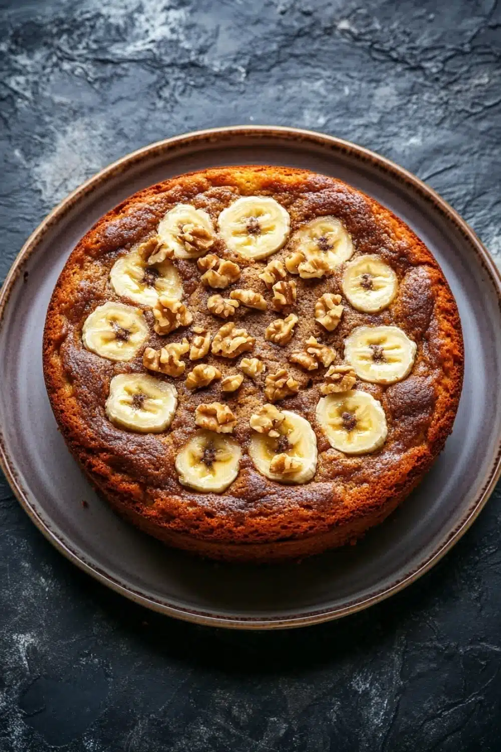 Banana cake - the image is of a round cake on a brown plate. the cake appears to be freshly baked and has a golden brown crust. on top of the cake, there are sliced bananas arranged in a circular pattern. the bananas are cut into thin slices and are scattered randomly across the cake. the plate is placed on a dark grey textured surface. the overall mood of the image is rustic and appetizing.