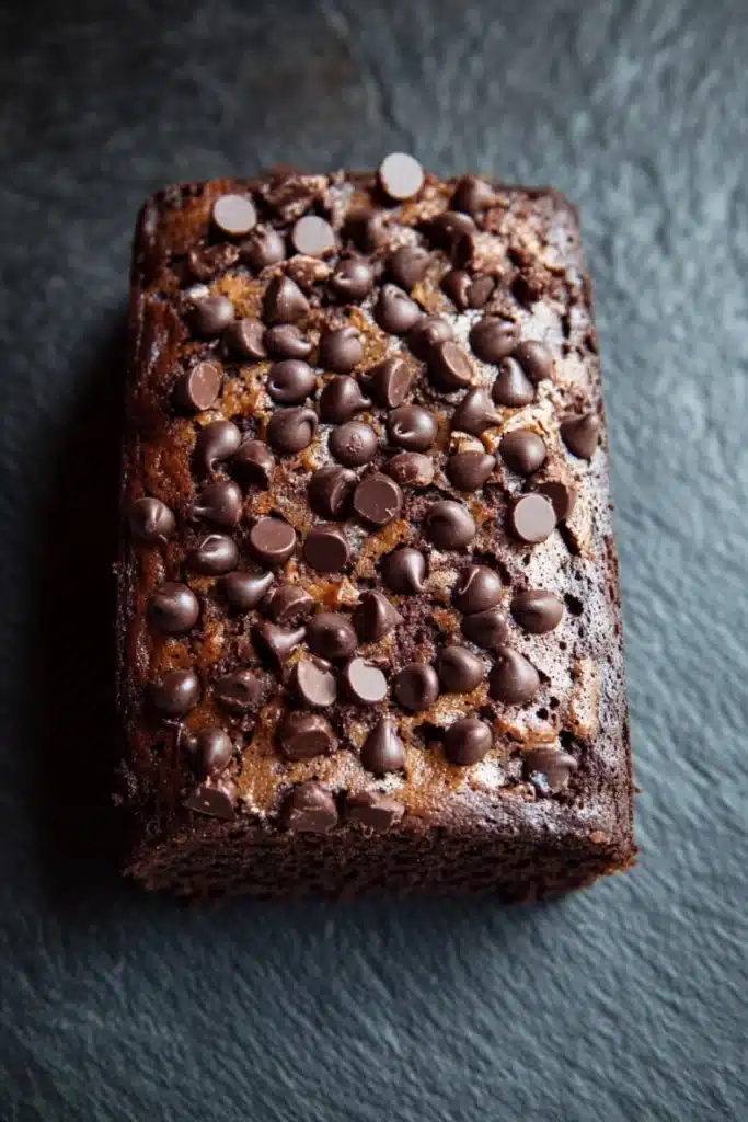 Banana chocolate cake - the image is a close-up of a square-shaped chocolate cake. the cake appears to be freshly baked and has a golden brown color. it is topped with small chocolate chips scattered across the top, giving it a shiny and shiny appearance. the background is a dark grey textured surface, making the cake stand out. the overall mood of the image is dark and decadent.