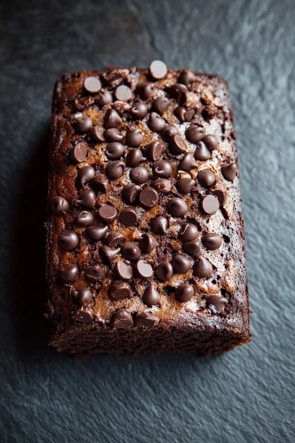 Banana chocolate cake - the image is a close-up of a square-shaped chocolate cake. the cake appears to be freshly baked and has a golden brown color. it is topped with small chocolate chips scattered across the top, giving it a shiny and shiny appearance. the background is a dark grey textured surface, making the cake stand out. the overall mood of the image is dark and decadent.