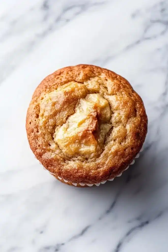 Banana muffin gluten free - the image is a close-up of a muffin on a white marble surface. the muffin appears to be freshly baked and has a golden brown color. it has a crumbly texture on top, with a swirl of butter on top. the butter is a light yellow color and looks soft and fluffy. the background is blurred, making the muffin the focal point of the image.