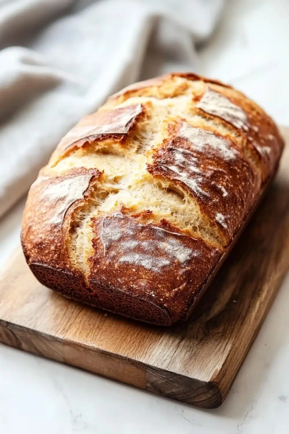 Banana muffin rustic bread - the image shows a loaf of bread on a wooden cutting board. the bread appears to be freshly baked, with a golden brown crust and a soft, fluffy interior. the loaf is sitting on a white marble countertop, with the cutting board resting on top of it. a white cloth napkin is visible in the background, suggesting that the bread is ready to be served. the overall mood of the image is rustic and cozy.