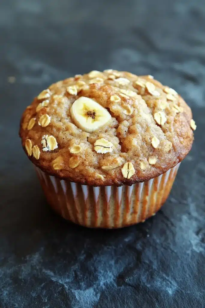 Banana oat yogurt muffin - the image is of a freshly baked muffin on a dark grey textured surface. the muffin is golden brown in color and has a crumbly texture. on top of the muffin, there is a single banana cut in half, revealing the soft, fluffy interior. the banana is cut in a way that it looks like it has been freshly baked and is placed on top of a pile of oats. the oats are scattered around the banana, adding a crunchy texture to the dish. the background is blurred, making the muffins the focal point of the image.