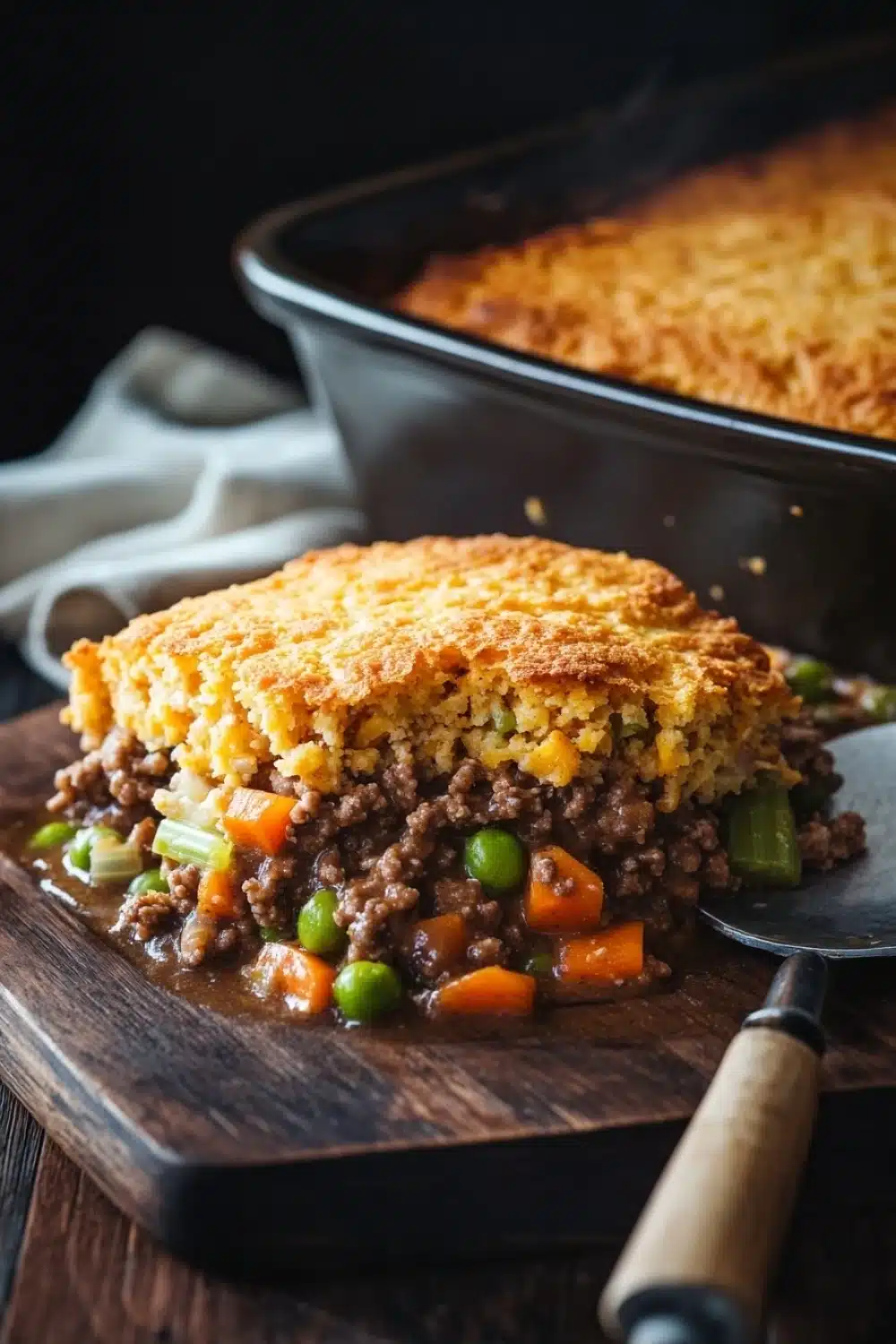 Beef casserole with cornbread topping - the image shows a slice of shepherd's pie on a wooden cutting board. the pie has a golden brown crust on top and is filled with ground beef, peas, carrots, and green onions. a spoon is resting on the cutting board next to the pie. in the background, there is a black casserole dish with a white cloth napkin. the background is dark and out of focus.