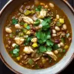 Beef green chicken chili freezer meal - the image is a close-up of a bowl of soup on a wooden table. the soup appears to be a creamy orange color with chunks of meat and vegetables mixed in. the bowl is made of ceramic and has a brown rim. there are a few sprigs of fresh cilantro scattered around the bowl, adding a pop of green color to the dish. the background is dark, making the colors of the soup stand out.