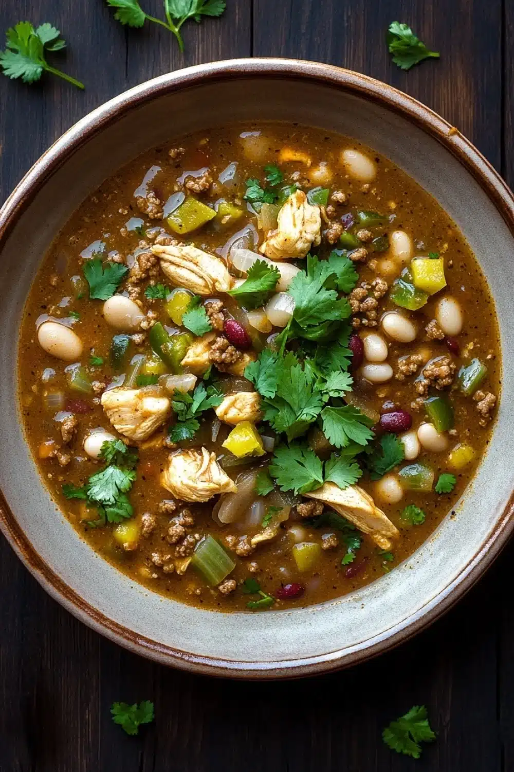 Beef green chicken chili freezer meal - the image is a close-up of a bowl of soup on a wooden table. the soup appears to be a creamy orange color with chunks of meat and vegetables mixed in. the bowl is made of ceramic and has a brown rim. there are a few sprigs of fresh cilantro scattered around the bowl, adding a pop of green color to the dish. the background is dark, making the colors of the soup stand out.