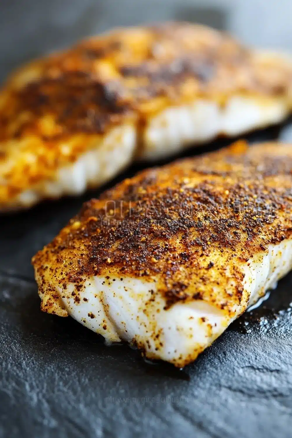 Blackened tilapia in air fryer - the image shows two pieces of fish fillets on a black slate plate. the fillets are golden brown in color and appear to be seasoned with spices. the seasoning is sprinkled on top of the fillets, giving them a crispy texture. the background is blurred, but it appears to be a kitchen countertop. the overall mood of the image is warm and inviting.