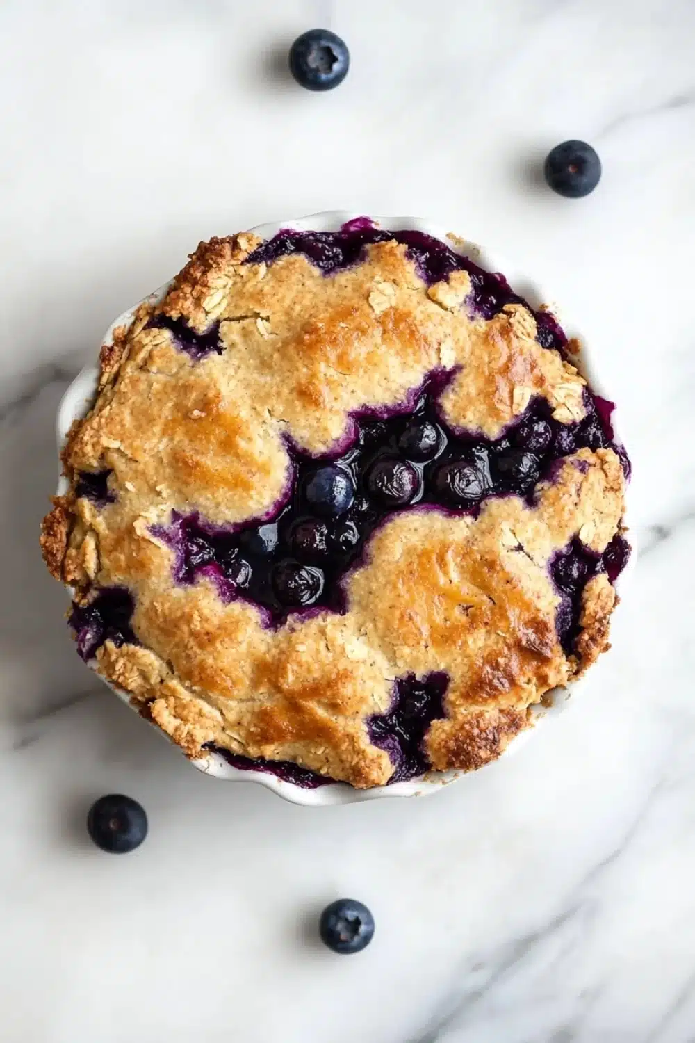 Blueberry muffin mix cobbler - the image is of a freshly baked blueberry pie in a white ceramic pie dish. the pie has a golden brown crust on top and is filled with fresh blueberries. the blueberries are arranged in a circular pattern around the edges of the pie. the dish is sitting on a white marble countertop with a few scattered blueberries around it. the overall aesthetic of the image is fresh and appetizing.