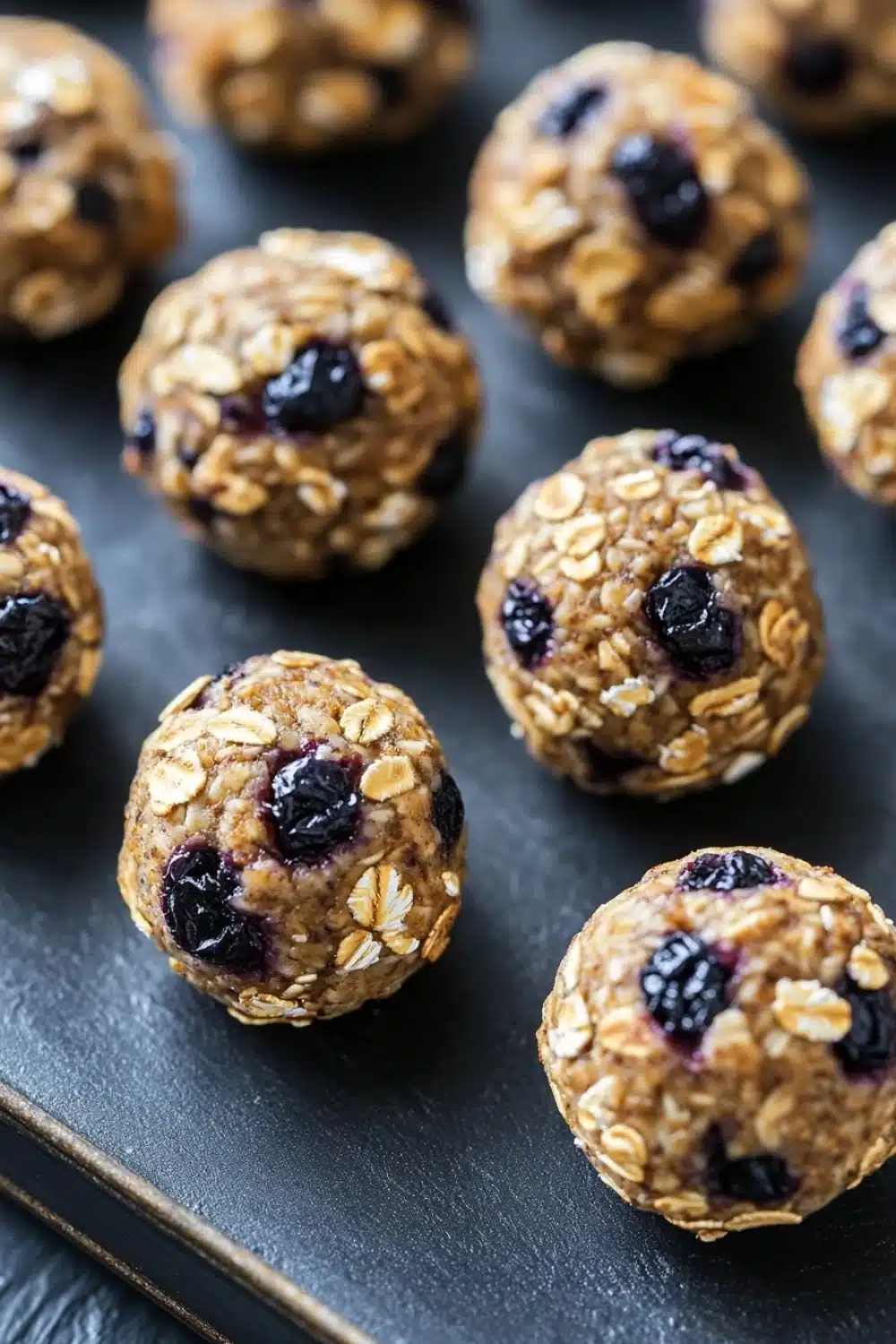Blueberry muffin protein balls - the image shows a tray of freshly baked oatmeal balls. the balls are round and golden brown in color, with visible oats and blueberries scattered throughout. they are arranged in a scattered manner on a black surface, with some overlapping each other. the background is blurred, but it appears to be a kitchen countertop.