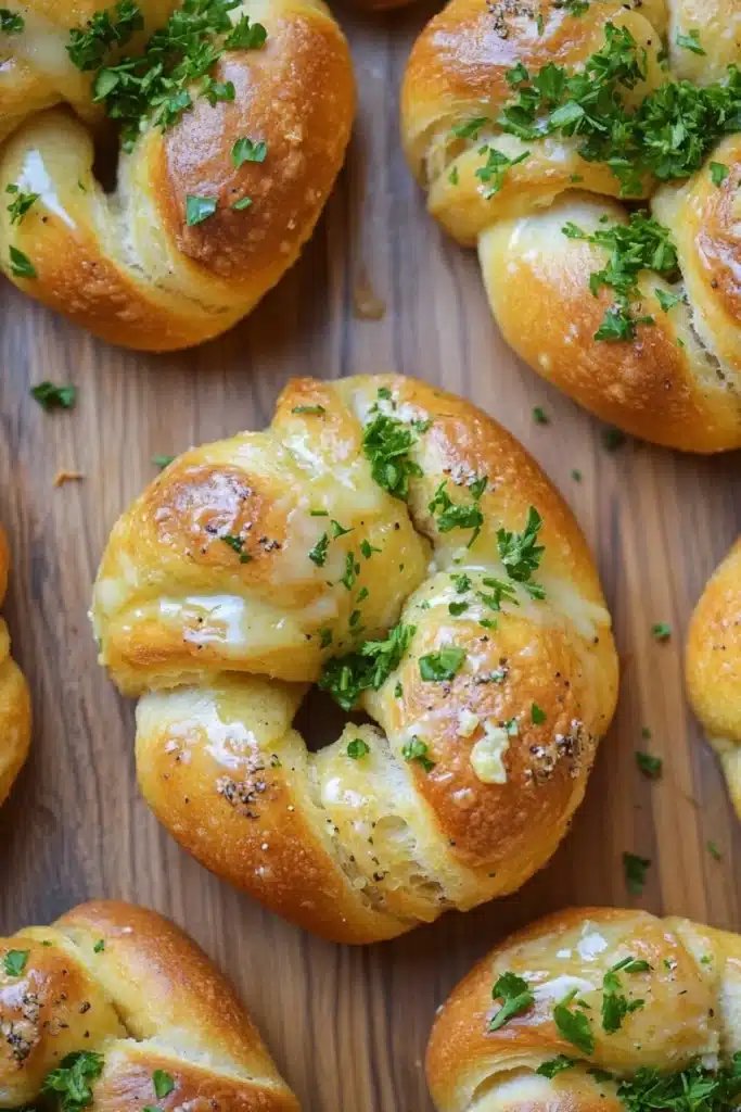 Bread knots - the image shows a wooden cutting board with several freshly baked pretzels arranged in a circular pattern. the pretzes are golden brown in color and have a soft, fluffy texture. they are topped with a generous amount of melted cheese and a sprig of fresh parsley. the cheese appears to be melted and bubbly, and the parsley adds a pop of green color to the dish. the background is blurred, but it seems to be a kitchen countertop.