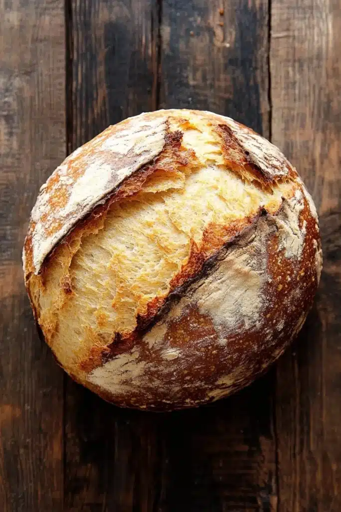 Bread with self rising flour - the image is a close-up of a freshly baked loaf of bread on a wooden surface. the bread appears to be freshly baked, with a golden brown crust and a soft, fluffy interior. the edges of the bread are slightly frayed, indicating that it has been freshly baked. the wood has a weathered and aged appearance, with visible grain and knots. the background is blurred, making the bread the focal point of the image.