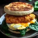 Breakfast sandwich chicken - the image shows a plate with a breakfast sandwich on it. the sandwich is made up of two pita breads, one on top of the other, with a fried chicken on top. the chicken is golden brown and appears to be crispy on the outside. the egg is cooked sunny-side up and is oozing out of the sides. the plate is garnished with fresh spinach leaves. in the background, there is a bowl of scrambled eggs and a few more spinach leaves scattered around the plate. the overall color scheme of the image is warm and inviting.