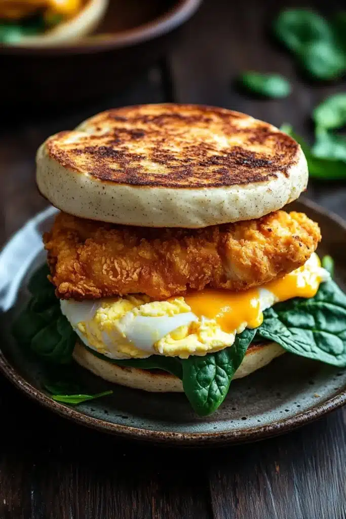 Breakfast sandwich chicken - the image shows a plate with a breakfast sandwich on it. the sandwich is made up of two pita breads, one on top of the other, with a fried chicken on top. the chicken is golden brown and appears to be crispy on the outside. the egg is cooked sunny-side up and is oozing out of the sides. the plate is garnished with fresh spinach leaves. in the background, there is a bowl of scrambled eggs and a few more spinach leaves scattered around the plate. the overall color scheme of the image is warm and inviting.