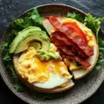 Breakfast sandwich loaded - the image shows a plate with a breakfast sandwich on it. the sandwich is made with two slices of toasted bread, filled with scrambled eggs, bacon, and avocado. the eggs are cooked sunny-side up and the bacon is crispy on the outside. the avocado is cut in half and is placed on top of the scrambled eggs. the plate is garnished with a bed of green lettuce. the background is a dark grey textured surface.