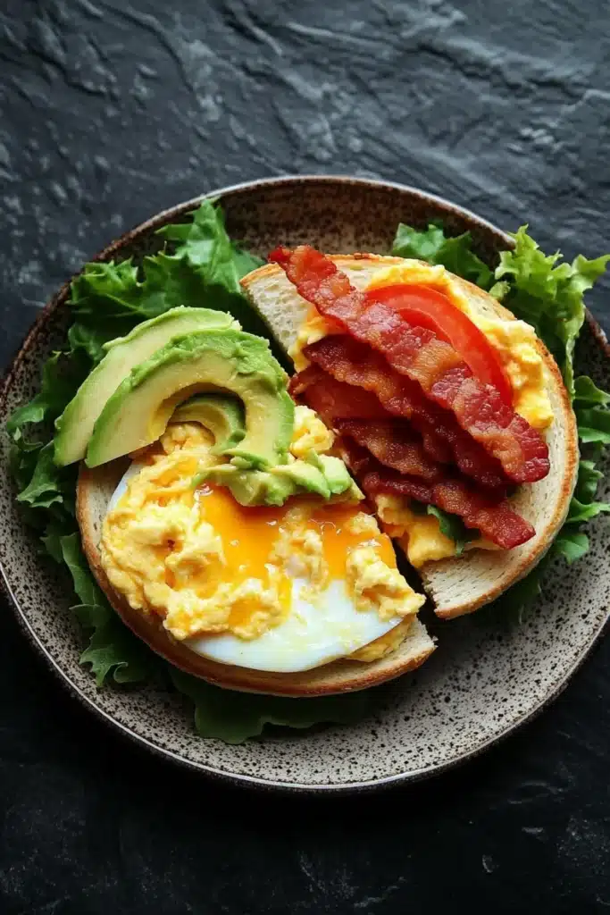 Breakfast sandwich loaded - the image shows a plate with a breakfast sandwich on it. the sandwich is made with two slices of toasted bread, filled with scrambled eggs, bacon, and avocado. the eggs are cooked sunny-side up and the bacon is crispy on the outside. the avocado is cut in half and is placed on top of the scrambled eggs. the plate is garnished with a bed of green lettuce. the background is a dark grey textured surface.