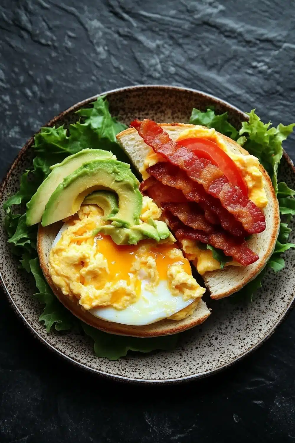 Breakfast sandwich loaded - the image shows a plate with a breakfast sandwich on it. the sandwich is made with two slices of toasted bread, filled with scrambled eggs, bacon, and avocado. the eggs are cooked sunny-side up and the bacon is crispy on the outside. the avocado is cut in half and is placed on top of the scrambled eggs. the plate is garnished with a bed of green lettuce. the background is a dark grey textured surface.