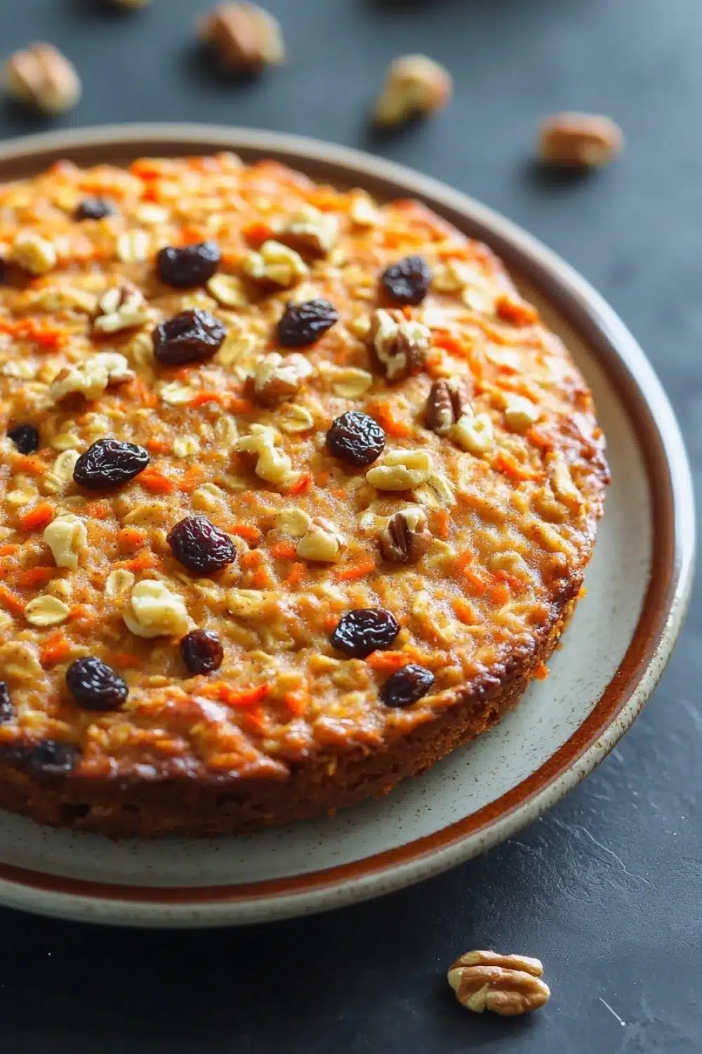Carrot cake oatmeal bake - the image is a close-up of a round cake on a white plate with a brown rim. the cake appears to be a carrot cake with a golden-brown crust and is topped with chopped nuts and raisins. the nuts are scattered around the plate, and there are a few scattered nuts on the table in the background. the plate is sitting on a dark grey surface.