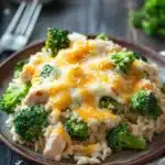 Cheesy chicken broccoli rice casserole one pot - the image shows a plate of food on a wooden table. the plate is brown and has a serving of rice with broccoli on top. the rice appears to be cooked and has chunks of chicken mixed in with a creamy sauce. the sauce is melted and bubbly on top, and there are small pieces of broccoli scattered around the plate. in the background, there is a small bowl of butter and a few sprigs of parsley. the overall color scheme of the image is warm and inviting.