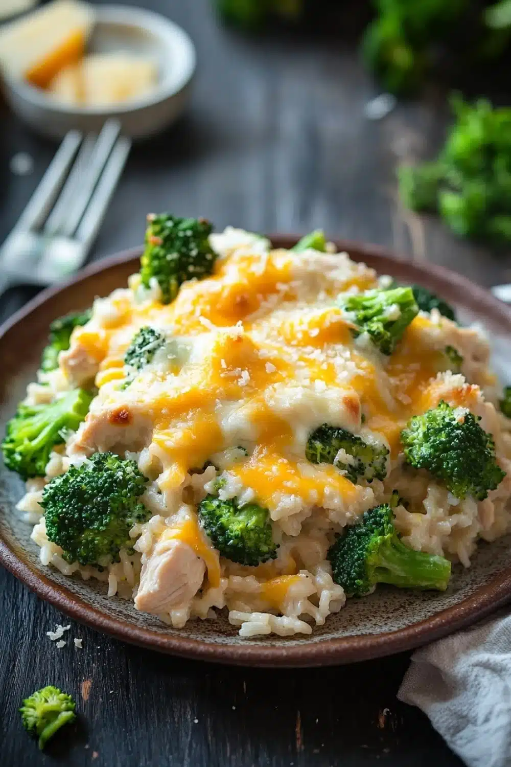 Cheesy chicken broccoli rice casserole one pot - the image shows a plate of food on a wooden table. the plate is brown and has a serving of rice with broccoli on top. the rice appears to be cooked and has chunks of chicken mixed in with a creamy sauce. the sauce is melted and bubbly on top, and there are small pieces of broccoli scattered around the plate. in the background, there is a small bowl of butter and a few sprigs of parsley. the overall color scheme of the image is warm and inviting.