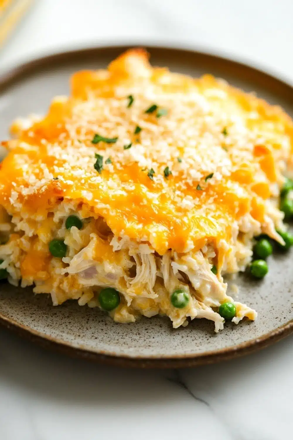 Cheesy chicken casserole - the image shows a plate of food with a slice taken out of it. the dish appears to be a casserole or lasagna, with a golden brown crust on top. the top of the dish is covered in a layer of melted cheese, which is a bright orange color. the cheese is sprinkled with chopped herbs, giving it a crunchy texture. the plate is brown and has a speckled pattern around the edges. there are also a few small green peas scattered around the plate. the background is a white marble countertop.