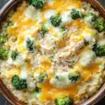 Cheesy rotisserie chicken broccoli rice casserole - the image is a close-up of a bowl of food. the bowl is made of ceramic and is placed on a wooden table. the food appears to be a casserole dish with a creamy white color and a layer of melted cheese on top. the cheese is a bright yellow color and is spread evenly over the top of the dish. there are small pieces of broccoli scattered throughout the dish, adding a pop of green color to the overall appearance. the dish looks freshly cooked and ready to eat.