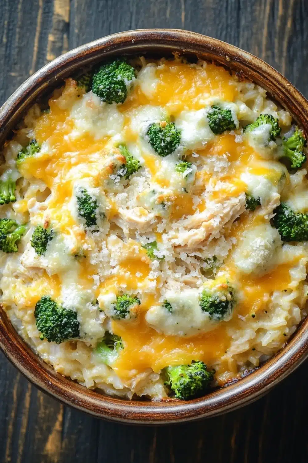 Cheesy rotisserie chicken broccoli rice casserole - the image is a close-up of a bowl of food. the bowl is made of ceramic and is placed on a wooden table. the food appears to be a casserole dish with a creamy white color and a layer of melted cheese on top. the cheese is a bright yellow color and is spread evenly over the top of the dish. there are small pieces of broccoli scattered throughout the dish, adding a pop of green color to the overall appearance. the dish looks freshly cooked and ready to eat.
