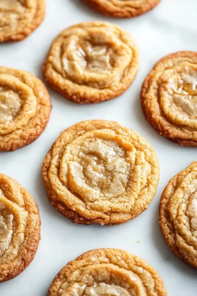 Chewy honey cookie - the image shows a group of freshly baked cookies on a white baking sheet. the cookies are round and golden brown in color, with a swirl pattern on top. they are arranged in a scattered manner, with some overlapping each other. some of the cookies have a light dusting of powdered sugar on top, giving them a shiny appearance. the background is blurred, making the cookies the focal point of the image.