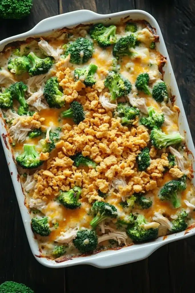 Chicken and broccoli casserole - the image shows a white rectangular baking dish filled with a casserole dish. the dish appears to be made with broccoli, chicken, and cheese. the broccoli is cut into small pieces and is arranged in a circular pattern on top of the chicken. the cheese is melted and bubbly, and there are crumbled breadcrumbs scattered throughout the dish. there are a few more broccoli florets scattered around the dish, adding a pop of green color to the image. the background is a dark wooden table, and the overall color scheme is warm and inviting.