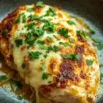 Chicken breast bake - the image shows a plate of food, specifically a piece of chicken covered in a creamy sauce. the chicken appears to be cooked to a golden brown color and is covered in melted cheese and garnished with fresh parsley. the plate is made of dark brown ceramic and is sitting on a wooden table. the background is blurred, but it seems to be a rustic kitchen countertop.