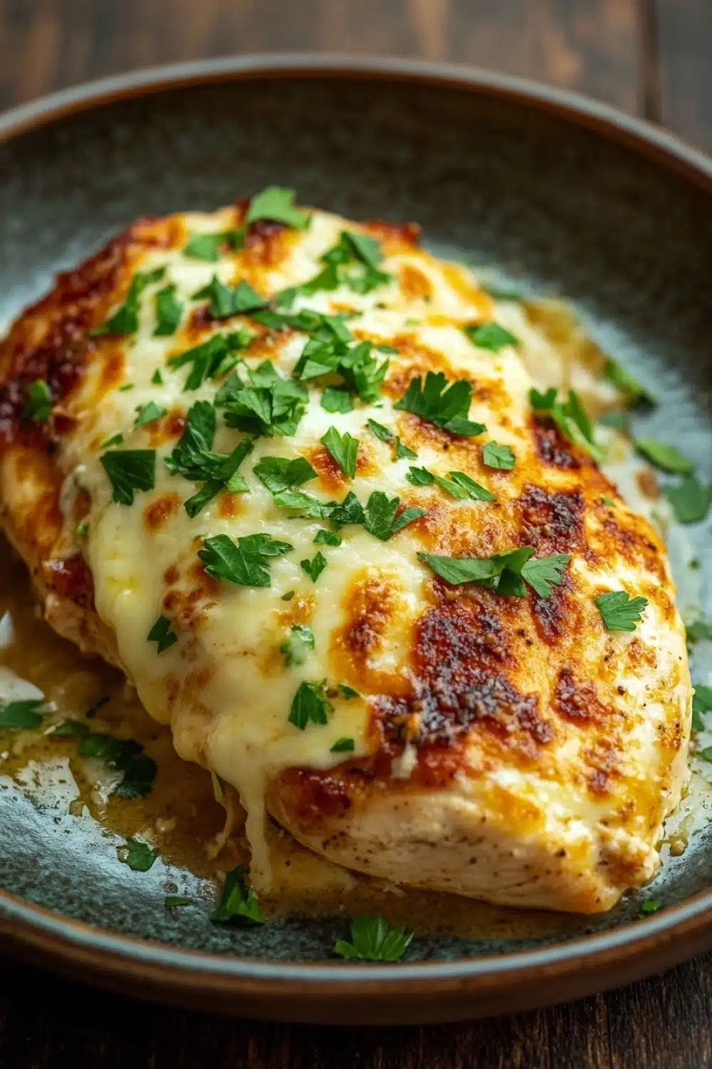 Chicken breast bake - the image shows a plate of food, specifically a piece of chicken covered in a creamy sauce. the chicken appears to be cooked to a golden brown color and is covered in melted cheese and garnished with fresh parsley. the plate is made of dark brown ceramic and is sitting on a wooden table. the background is blurred, but it seems to be a rustic kitchen countertop.