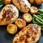 Chicken breast dinner - the image shows a plate of grilled chicken breasts with green beans and potatoes. the chicken breasts are golden brown and appear to be seasoned with herbs and spices. the potatoes are small and round, and they are arranged in a circular pattern on the plate. the green beans are bright green and look fresh and vibrant. the plate is black and has a textured surface. the overall presentation of the dish is appetizing and visually appealing.