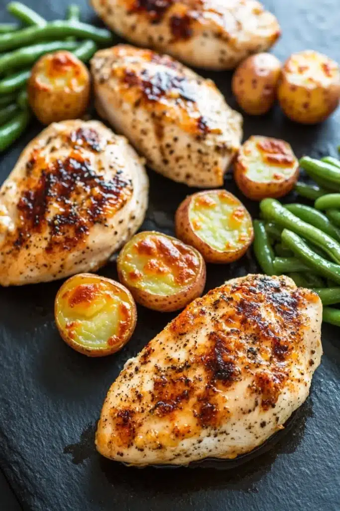 Chicken breast dinner - the image shows a plate of grilled chicken breasts with green beans and potatoes. the chicken breasts are golden brown and appear to be seasoned with herbs and spices. the potatoes are small and round, and they are arranged in a circular pattern on the plate. the green beans are bright green and look fresh and vibrant. the plate is black and has a textured surface. the overall presentation of the dish is appetizing and visually appealing.
