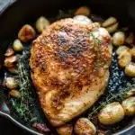Chicken breast in cast iron skillet - the image shows a black cast iron skillet with a piece of cooked chicken in it. the chicken is golden brown and appears to be seasoned with herbs and spices. it is surrounded by small pieces of roasted potatoes and a sprig of thyme. the skillet is sitting on a wooden table with a white cloth napkin in the background. the overall color scheme of the image is warm and inviting.