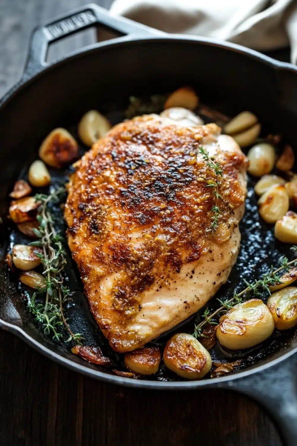 Chicken breast in cast iron skillet - the image shows a black cast iron skillet with a piece of cooked chicken in it. the chicken is golden brown and appears to be seasoned with herbs and spices. it is surrounded by small pieces of roasted potatoes and a sprig of thyme. the skillet is sitting on a wooden table with a white cloth napkin in the background. the overall color scheme of the image is warm and inviting.