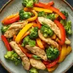 Chicken breast stir fry - the image is a close-up of a plate of stir-fry with chicken and vegetables. the plate is round and has a light brown color with a speckled texture. the chicken is cut into small pieces and is mixed with various vegetables such as broccoli, red and yellow bell peppers, and orange bell peppers. the vegetables are cut into thin strips and are arranged in a colorful and appetizing manner. the dish is served on a dark grey background with a pair of chopsticks resting on the side.