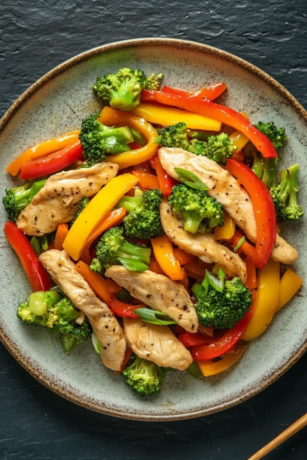 Chicken breast stir fry - the image is a close-up of a plate of stir-fry with chicken and vegetables. the plate is round and has a light brown color with a speckled texture. the chicken is cut into small pieces and is mixed with various vegetables such as broccoli, red and yellow bell peppers, and orange bell peppers. the vegetables are cut into thin strips and are arranged in a colorful and appetizing manner. the dish is served on a dark grey background with a pair of chopsticks resting on the side.