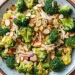 Chicken broccoli casserole whole 30 - the image is a close-up of a plate of food. the plate is white with a brown rim and is placed on a wooden table. the food appears to be a dish made with broccoli florets, sliced almonds, and other ingredients. the broccoli is bright green and looks fresh and healthy. the almonds are scattered throughout the dish, adding a crunchy texture and nutty flavor. the other ingredients in the dish are also visible, but they are not clearly visible. the overall appearance of the dish is fresh and appetizing.