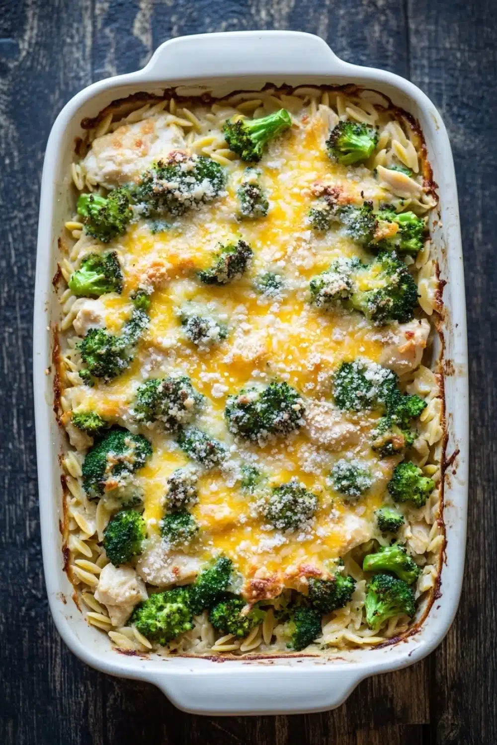 Chicken broccoli casserole with orzo - the image shows a white rectangular baking dish filled with a casserole dish. the dish appears to be made with pasta and broccoli, and it is topped with melted cheese and grated parmesan cheese. the pasta is long and thin, and the broccoli is bright green. the cheese is melted and bubbly, and there are small pieces of broccoli scattered throughout the dish. it looks like it has been cooked and ready to be served. the baking dish is sitting on a wooden table with a rustic background.