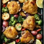 Chicken dinner sheet pan - the image shows a black rectangular baking tray with four pieces of chicken and vegetables on it. the chicken appears to be cooked and has a golden brown color. the vegetables include broccoli, red onions, and potatoes. there are also slices of lemon and parsley scattered throughout the tray. the tray is sitting on a wooden table with a gray cloth napkin on the side. the background is blurred, but it seems to be a kitchen countertop.