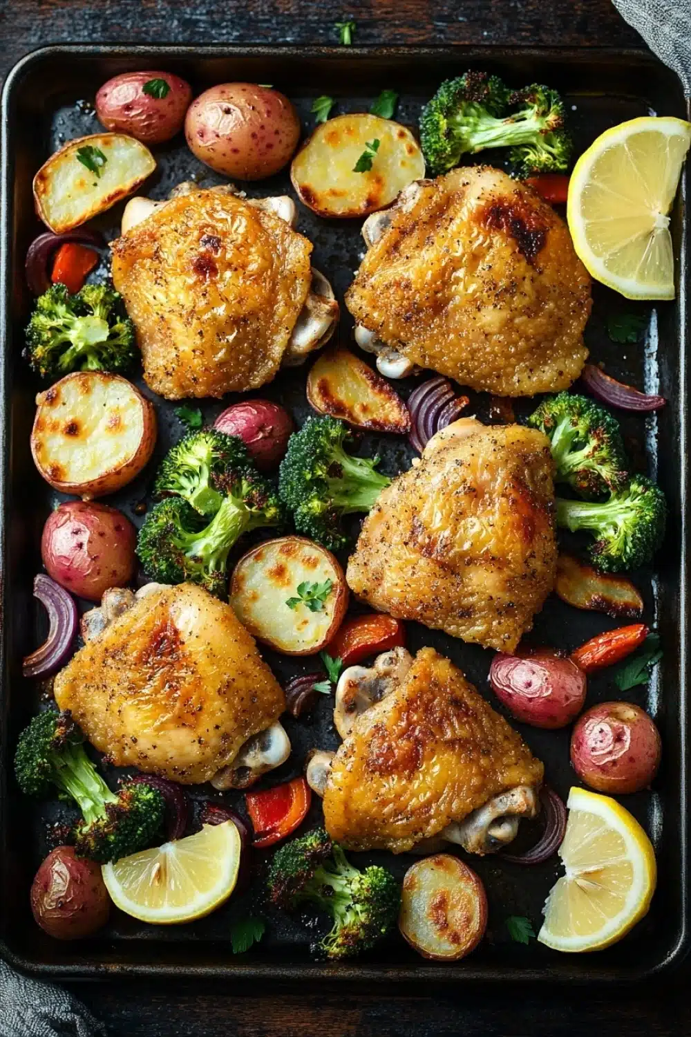 Chicken dinner sheet pan - the image shows a black rectangular baking tray with four pieces of chicken and vegetables on it. the chicken appears to be cooked and has a golden brown color. the vegetables include broccoli, red onions, and potatoes. there are also slices of lemon and parsley scattered throughout the tray. the tray is sitting on a wooden table with a gray cloth napkin on the side. the background is blurred, but it seems to be a kitchen countertop.