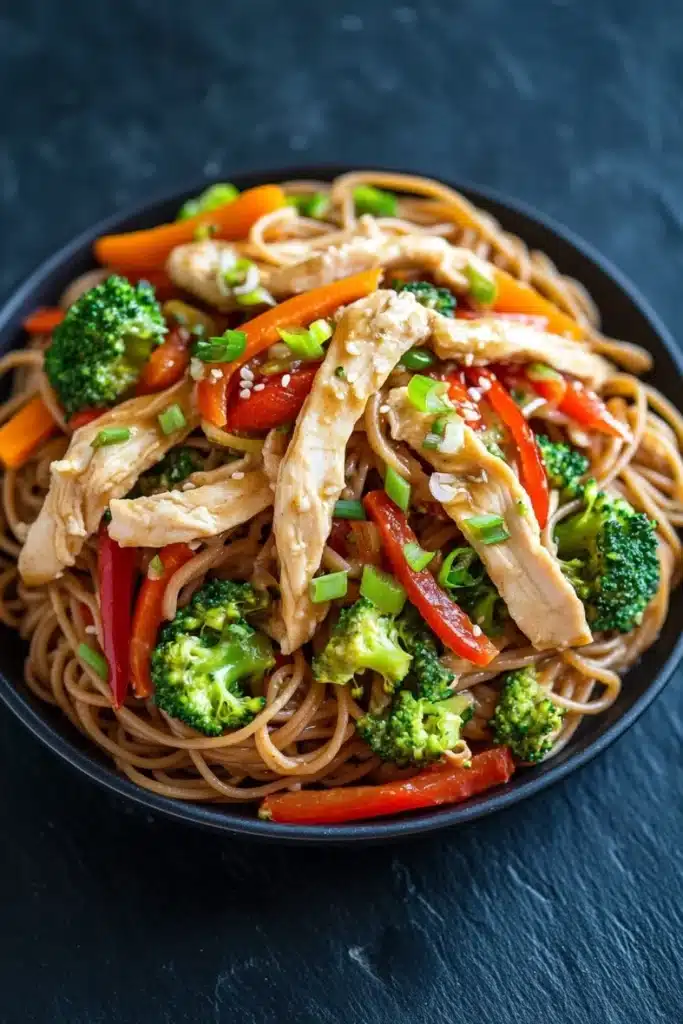 Chicken noodles low calorie - the image is a close-up of a dish in a black bowl. the dish appears to be a stir-fry with noodles, vegetables, and chicken. the noodles are light brown and appear to be cooked. the vegetables include broccoli, red bell peppers, and sliced carrots. the chicken is cut into small pieces and is scattered throughout the dish. the colors of the vegetables are vibrant and the dish looks fresh and appetizing. the bowl is sitting on a dark, textured surface.