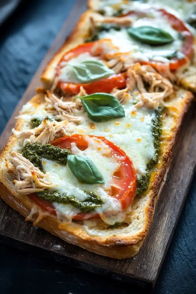 Chicken pesto french bread pizza - the image shows a wooden cutting board with three slices of bread on it. the bread appears to be toasted and has a golden brown crust. on top of the bread, there is a generous amount of melted cheese, which is topped with shredded chicken, sliced tomatoes, and fresh basil leaves. the tomatoes are bright red and appear to be ripe and juicy. the basil leaves are a vibrant green color and are scattered throughout the dish. the background is dark, making the bread and cheese stand out.