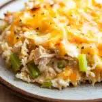 Chicken rice casserole cheese - the image shows a plate of food, specifically a casserole dish. the dish appears to be made with rice, chicken, and vegetables, and is topped with melted cheese. the cheese is golden brown and bubbly, and there are small chunks of green onions scattered throughout the dish. on top of the cheese, there is a layer of melted cheese that looks like it has been melted and melted. the plate is white with a brown rim, and the background is blurred, making the dish the focal point of the image.