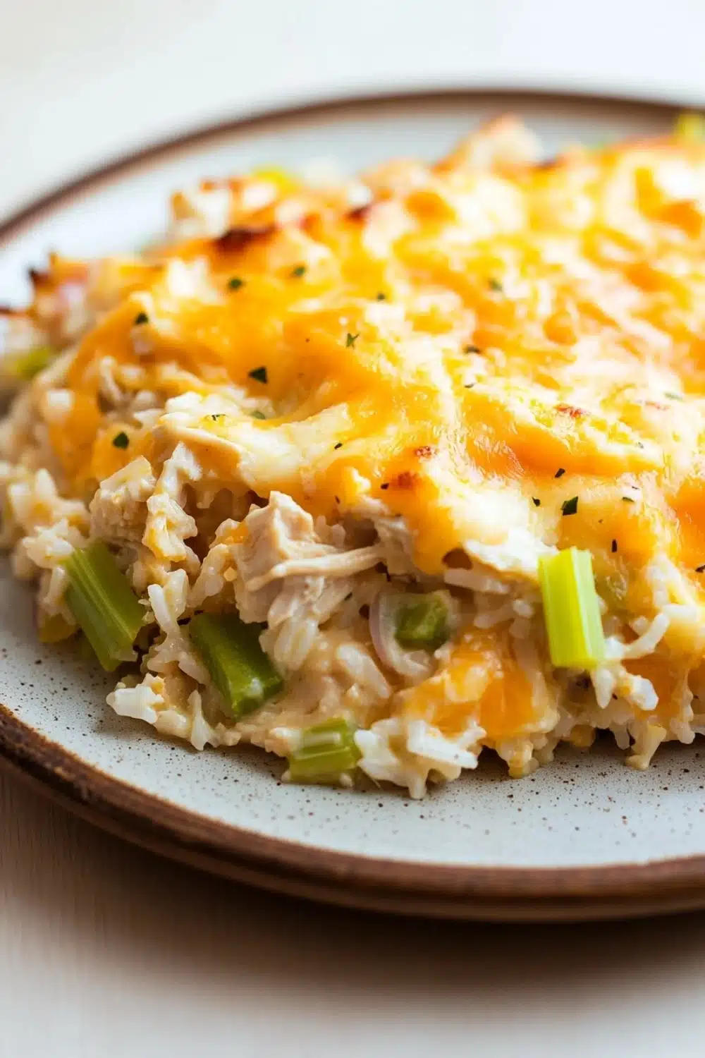 Chicken rice casserole cheese - the image shows a plate of food, specifically a casserole dish. the dish appears to be made with rice, chicken, and vegetables, and is topped with melted cheese. the cheese is golden brown and bubbly, and there are small chunks of green onions scattered throughout the dish. on top of the cheese, there is a layer of melted cheese that looks like it has been melted and melted. the plate is white with a brown rim, and the background is blurred, making the dish the focal point of the image.