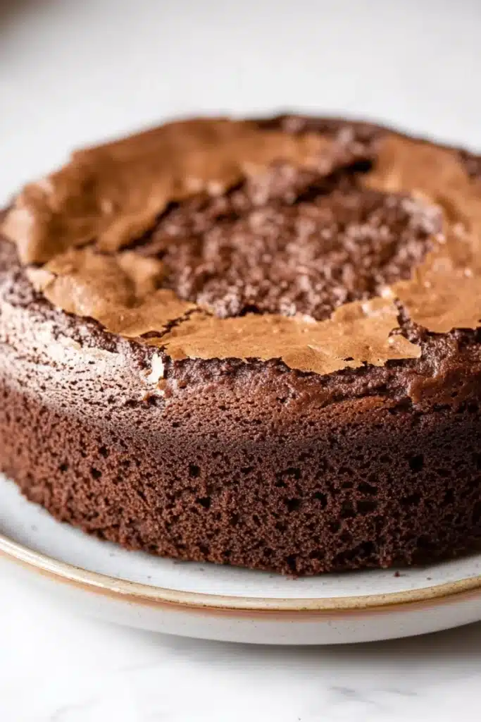 Chocolate cake no icing - the image is of a round chocolate cake on a white plate. the cake appears to be freshly baked and has a smooth texture. the top of the cake is covered in a generous layer of chocolate frosting, which is spread evenly across the cake. the frosting is a rich, dark brown color and looks smooth and shiny. the plate is white with a gold rim. the background is blurred, making the cake the focal point of the image.