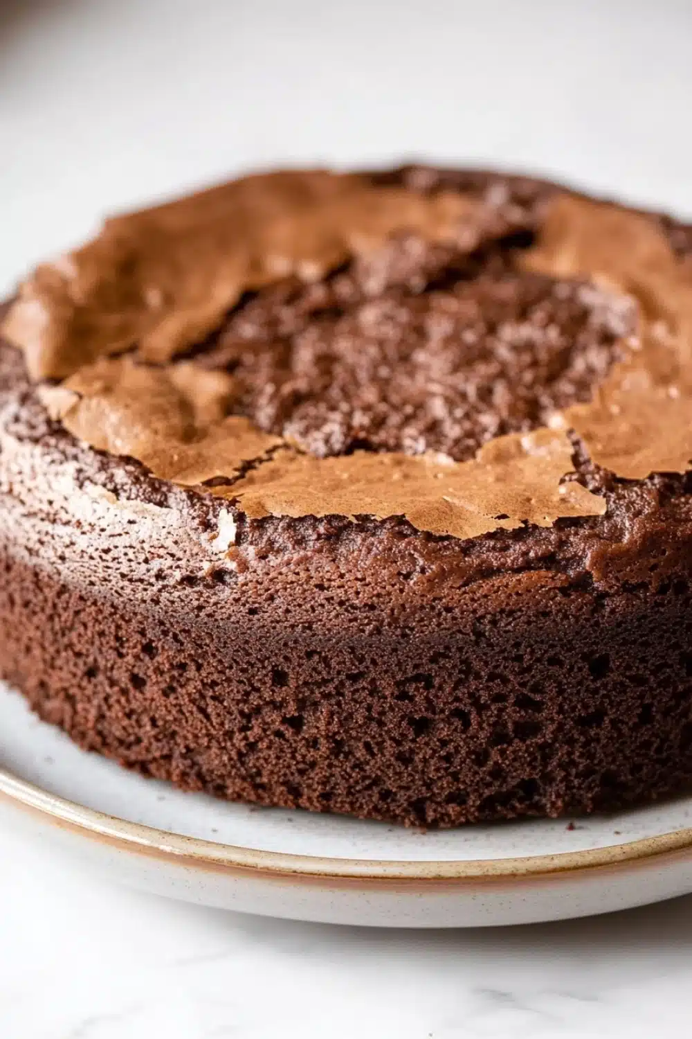Chocolate cake no icing - the image is of a round chocolate cake on a white plate. the cake appears to be freshly baked and has a smooth texture. the top of the cake is covered in a generous layer of chocolate frosting, which is spread evenly across the cake. the frosting is a rich, dark brown color and looks smooth and shiny. the plate is white with a gold rim. the background is blurred, making the cake the focal point of the image.