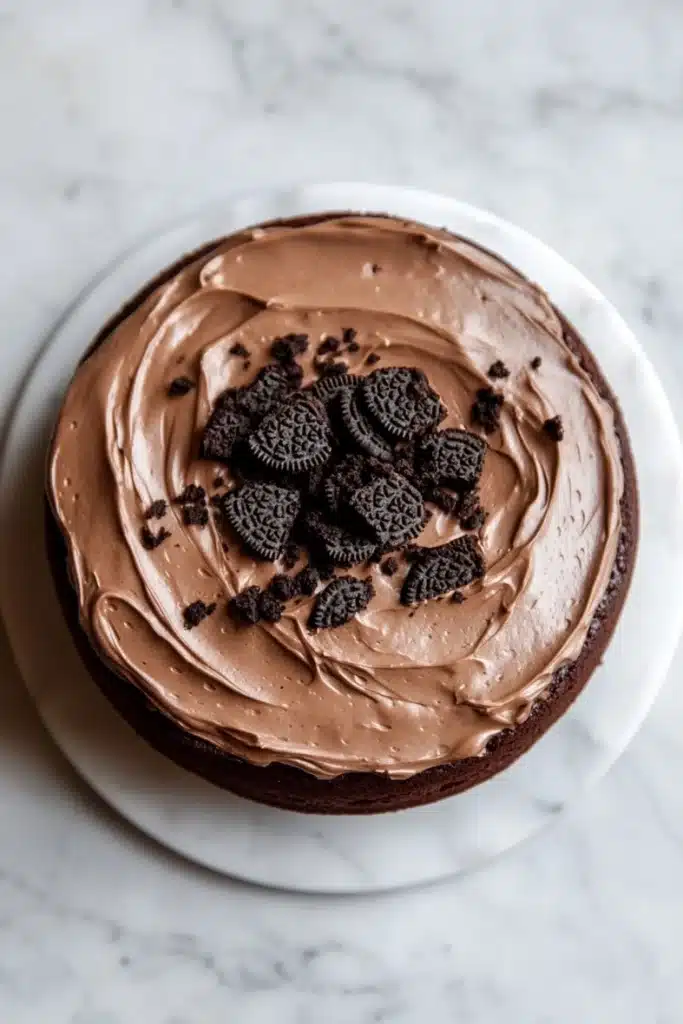 Chocolate cake oreo frosting - the image is of a round chocolate cake on a white marble countertop. the cake is covered in a thick layer of chocolate frosting, which is spread evenly over the top of the cake. on top, there are several oreo cookies scattered around the cake, adding a pop of color to the dish. the cookies are dark brown in color and appear to be freshly baked. the frosting is smooth and shiny, and the cake looks moist and fluffy.