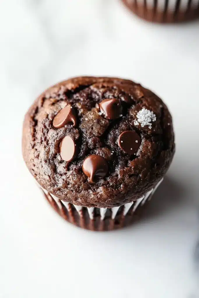 Chocolate muffin cup - the image is a close-up of a chocolate muffin on a white marble surface. the muffin is round and has a golden brown color. it is topped with chocolate chips and sprinkled with powdered sugar. the background is blurred, but it appears to be a kitchen countertop with other muffins visible in the top right corner.