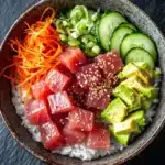 Classic tuna poke bowl - the image is a close-up of a bowl of sushi. the bowl is made of dark brown ceramic and is placed on a black textured surface. the sushi is arranged in a circular pattern on top of a bed of white rice. on the left side of the bowl, there are sliced cucumbers, sliced avocado, and sliced carrots. the tuna is pink and appears to be seasoned with sesame seeds. the avocado is cut into small cubes and is scattered throughout the bowl. the carrots are bright orange and appear to be freshly cut. the overall presentation of the dish is colorful and appetizing.