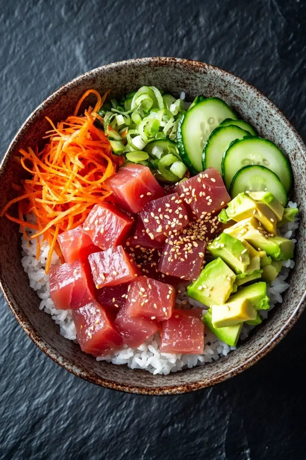 Classic tuna poke bowl - the image is a close-up of a bowl of sushi. the bowl is made of dark brown ceramic and is placed on a black textured surface. the sushi is arranged in a circular pattern on top of a bed of white rice. on the left side of the bowl, there are sliced cucumbers, sliced avocado, and sliced carrots. the tuna is pink and appears to be seasoned with sesame seeds. the avocado is cut into small cubes and is scattered throughout the bowl. the carrots are bright orange and appear to be freshly cut. the overall presentation of the dish is colorful and appetizing.