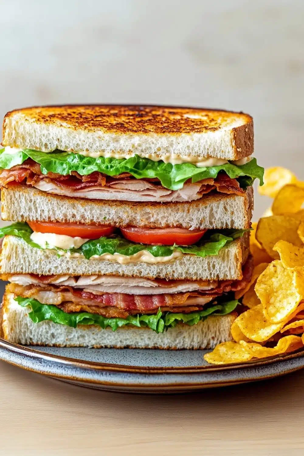 Club sandwich with chips - the image shows a sandwich on a plate with a side of potato chips. the sandwich is made with two slices of toasted bread, filled with ham, lettuce, tomato, and cheese. the bread is golden brown and appears to be crispy on the outside. the plate is blue and the chips are golden brown. the background is blurred, but it seems to be a wooden table.